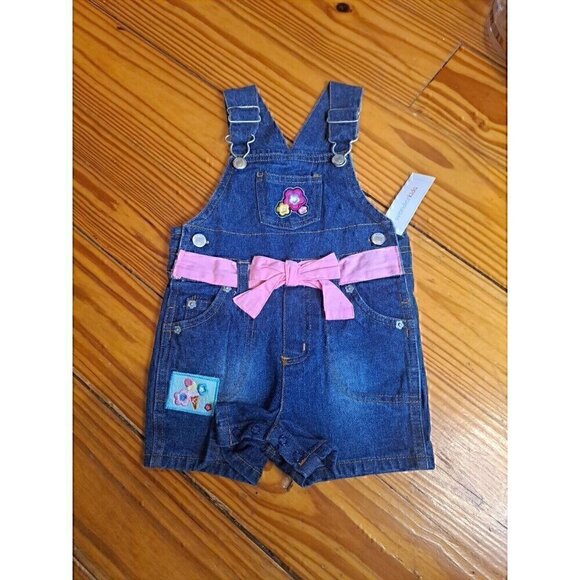 New Vintage 90s Girls Denim Overalls Pink Ribbon Trim Ice Cream Size 12 M - Picture 1 of 3
